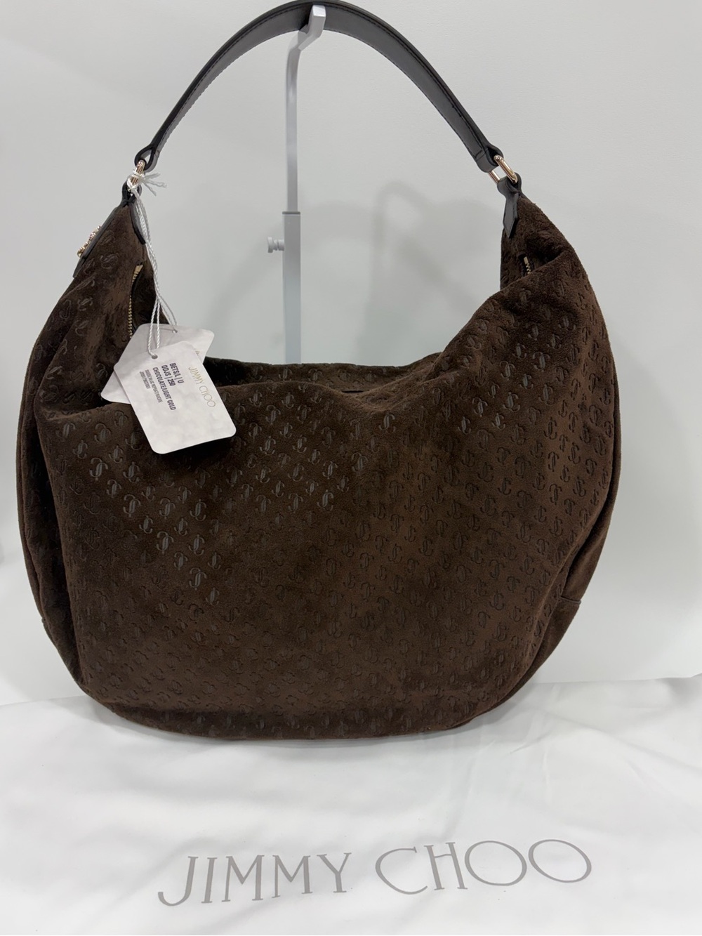 NWT Jimmy Choo Bets L Chocolate/Light Gold Suede JC Repeat Pattern Hobo Bag